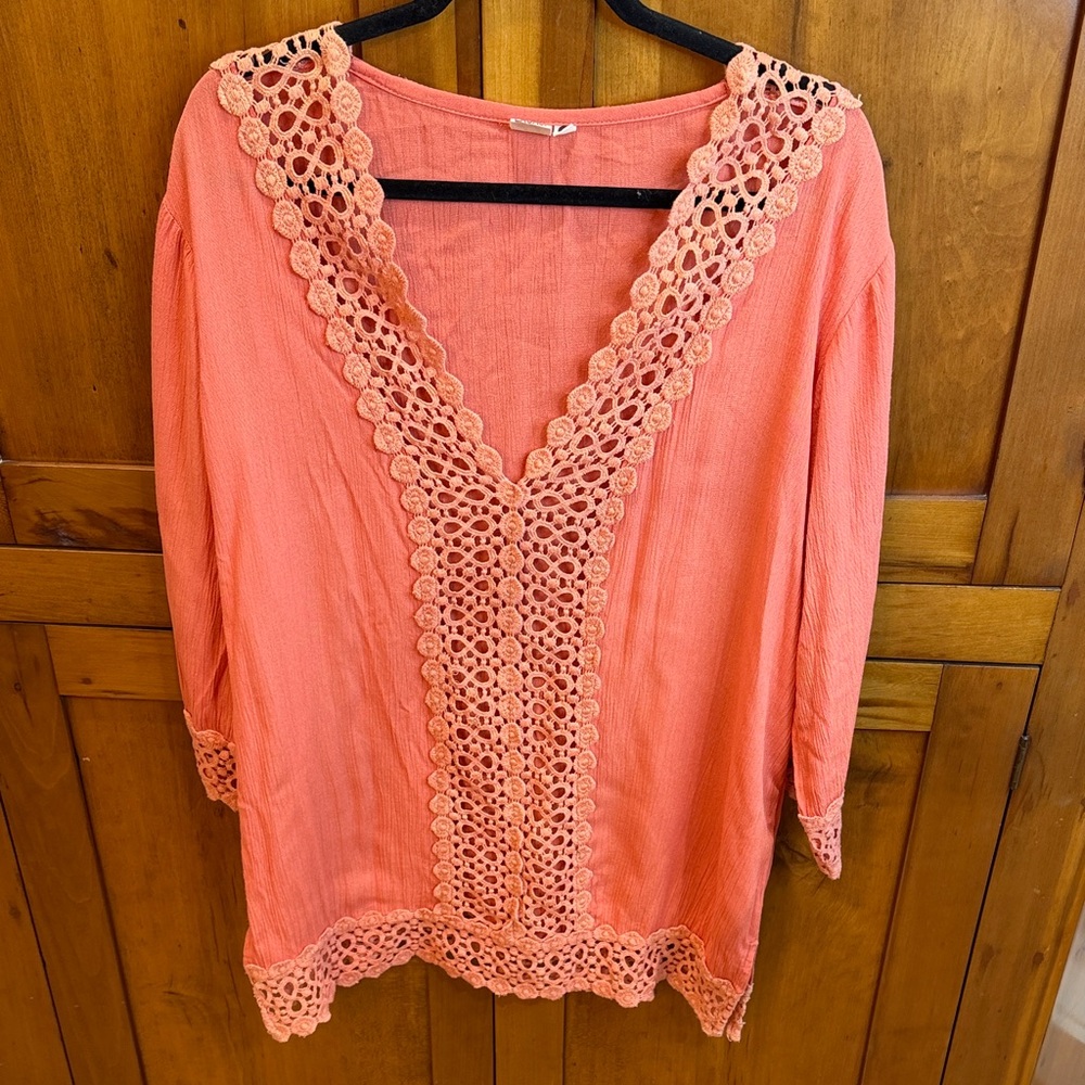 Lagaci Coral Bathing Suit Coverup or Tunic Top Top with Crochet Detailing